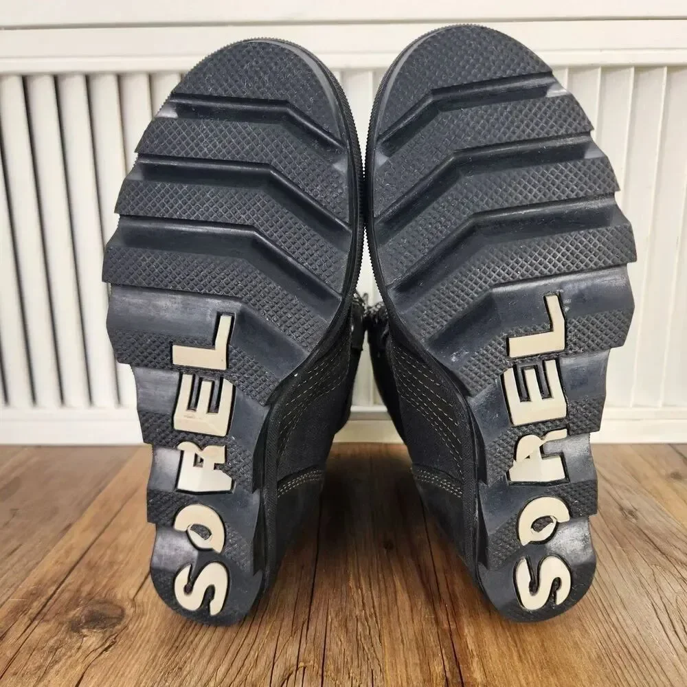 Sorel Lexie Boots Womens Sz 8 Black Leather Hidden Wedge Heel Lug Ankle Booties